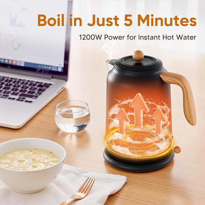Seehot® Electric Kettle With Thermometer, 1.7L 1200W, Black | Auto shutoff, boil-dry protection,water-contact stainless steel, cordless base for coffee and tea