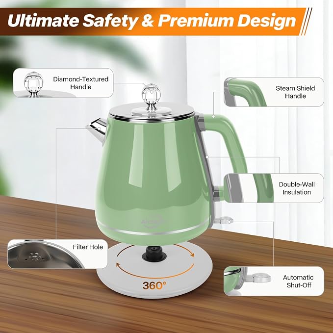 Electric Kettle 1.8L, Sage Green | Retro, 1350W Fast Boil, Stainless Steel Interior, BPA Free, Automatic Shut Off