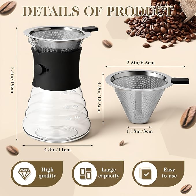500ml Pour over Coffee Maker Glass Drip Coffee Maker with Reusable Stainless Filter and Grip for Home Office