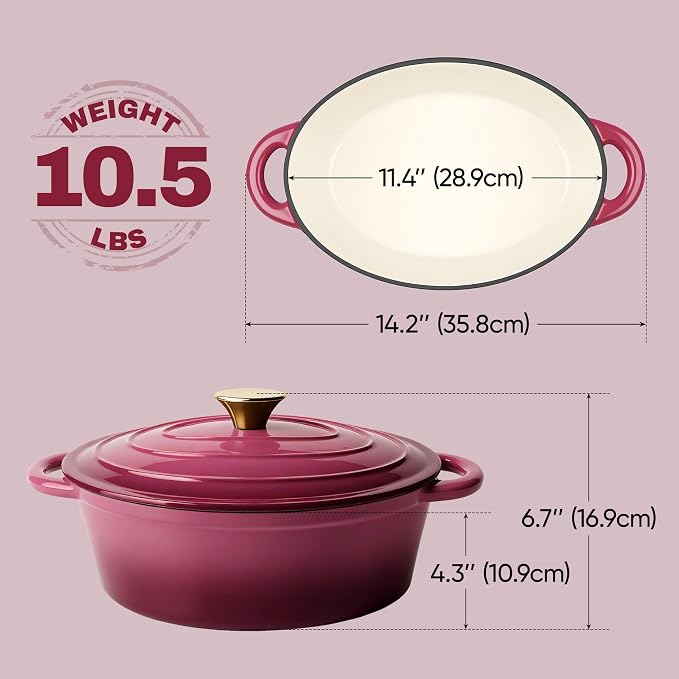 Vintage Style Oval Dutch Oven for Bread Baking, 4.5 Quart Non Stick Enameled Cast Iron Dutch Oven Pot with Lid, Oven Safe Oval Casserole with Lid up to 500°F for Baking, Braising, Stews, Roasting, Rose