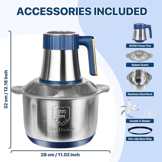 20 Cups Large Capacity Food Processor,5 Speed Electric Meat Grinder Vegetable Chopper,500W Powerful Motor 6 Bi-Level Blade Meat mincer for Vegetable, Nuts, Onion, Garlic with 304 Stainless Steel Bowl
