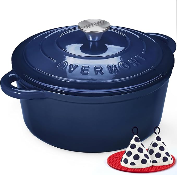 Overmont Enameled Cast Iron Dutch Oven - 4.5QT Pot with Lid Cookbook & Cotton Potholders - Heavy-Duty Cookware for Braising, Stews, Roasting, Bread Baking IndigoBlue