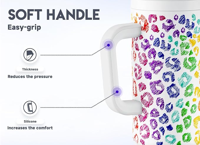 Meoky 50 oz Tumbler with Handle, Tumbler with Lid and Straw, Insulated Stainless Steel Travel Mug, 100% Leak-proof, Keeps Cold for 36 Hours or Hot for 12 Hours (Kiss)
