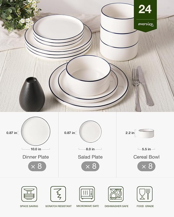 Famiware Porcelain 24-Piece Dinnerware Set, White with Blue Trim | Plates and Bowls for 8, Dishwasher & Microwave Safe, Chip & Scratch Resistant, Ideal for Everyday & Formal Use