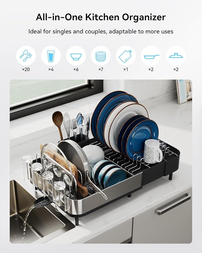 Expandable Dish Drying Rack, Versatile Brackets for Pots & Pans, Space Saving Kitchen Drying Rack, Dish Racks for Kitchen Counter, Stainless Steel Dish Drainers with Extendable Spout, Black