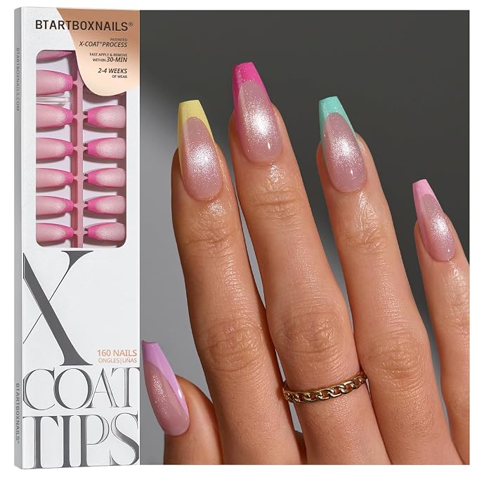 BTArtboxnails XCOATTIPS Pastel French Tip Press On Nails, L Coffin, Cat Eye | Lamp-Curable 4-Week Wear, Salon Quality Value at Home, Natural Nail Look, Easy-to-Apply for Beginners, 160ct Nail Tips Only