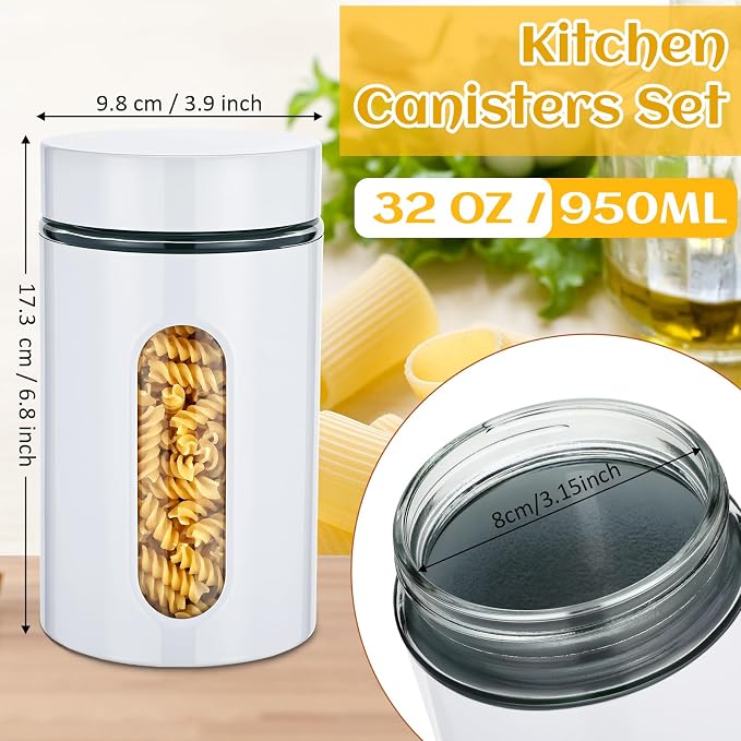 6 Pack Kitchen Canisters Set Airtight Coffee Sugar Tea Storage Jars with Window Glass Stainless Steel Containers with Lids for Flour Cookies Spices Grains Kitchen Decorations(White,32 oz)