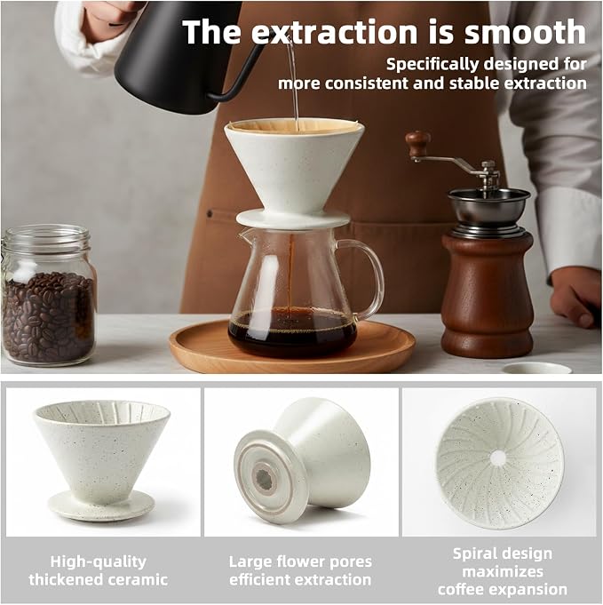 DIF DECO Ceramic Pour Over Coffee Dripper, Reusable Porcelain Portable Pour Over Coffee Maker, Slow Brewing Accessories with 1 Holes for Home, Office, Travel, Camping (Sesame Cream)
