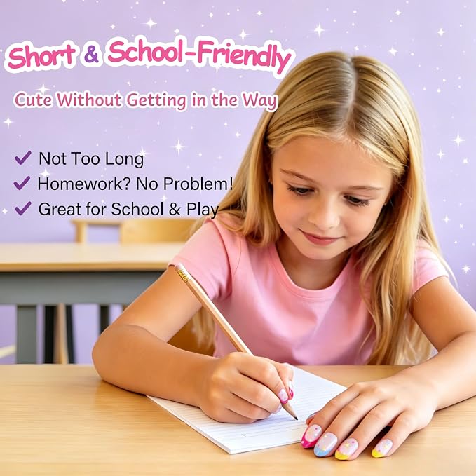 24pcs Press on Nails for Kids, 3D Polka Dot Star for Teenager Girls 8-12 | Colorful Almond French Tip, 12 Size, Non-Toxic, Fashion Nail Kit with Adhesive Tabs, Nail File for Christmas, Birthday, Party