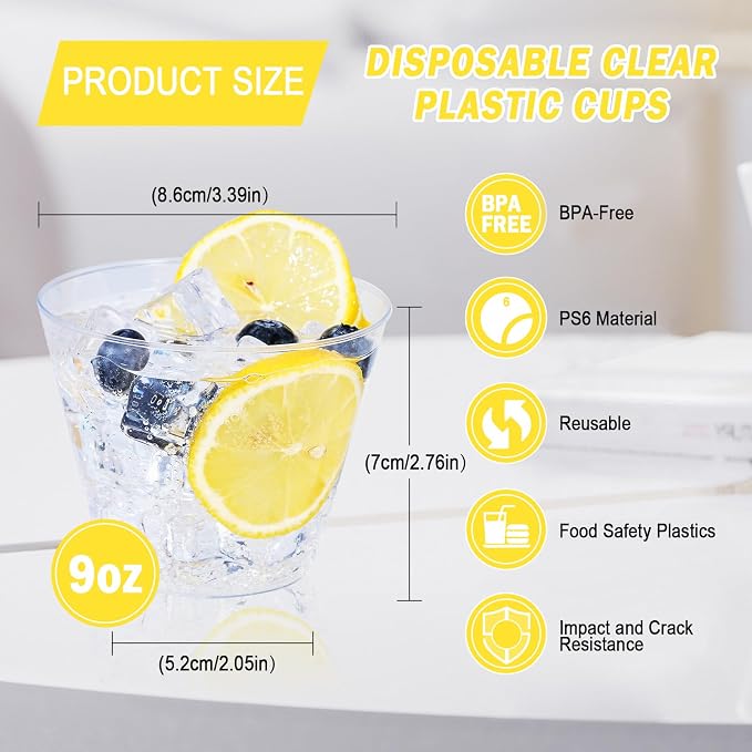 BYSNOW 300 Pack 9 oz Clear Plastic Cups, Disposable Plastic Cocktail Cups | Disposable Heavy Duty Clear Drinking Cups, Hard Punch Plastic Wine Glasses Cups for Party, Wedding, Home, Soda, Juice