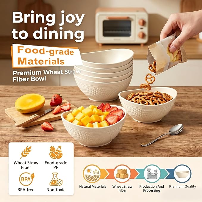 Salad Bowls 26oz, Oval Wheat Straw Bowls Sets of 6, Unbreakable Breakfast Bowls for Cereal, Soup, Rice, Fruit, Microwave Safe Plastic Bowls for Kitchen, Camping, Apartment - Beige
