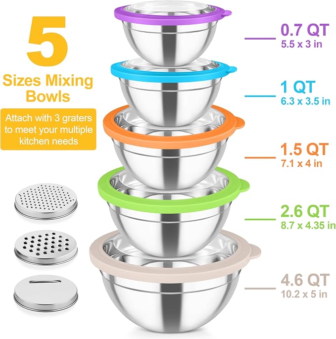 TeamFar Mixing Bowls, Stainless Steel Salad Serving Bowl with Clear Lids | with 3 Graters, For Kitchen Cooking Prepping Storing, Size 4.6/2.6/1.5/1/0.7 QT, Nesting & Airtight, Set of 5 & Multicolor