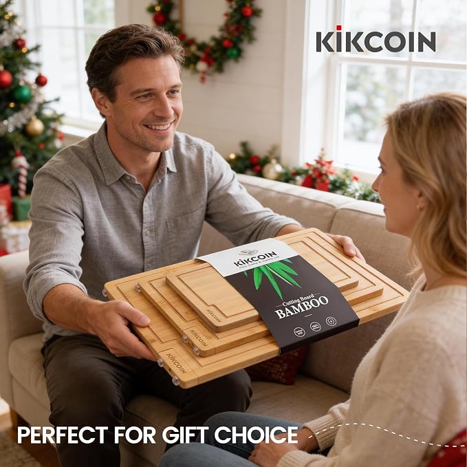 Kikcoin Bamboo Cutting Boards for Kitchen Set of 3, Extra Large Wood Cutting Board with Rotating Kickstand & Juice Groove, Wooden Chopping Board for Meats Veges Fruits, Heavy Duty Serving Tray