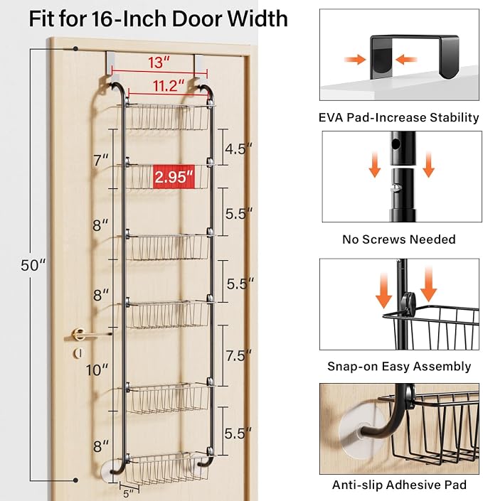 Delamu Narrow Over the Door Pantry Organizer, 6-Tier Metal Pantry Door Organization and Storage for Easy Install, Hanging Spice Rack Seasoning Shelves for Cabinet & Kitchen, D5 x W13 x H50 inch, Black