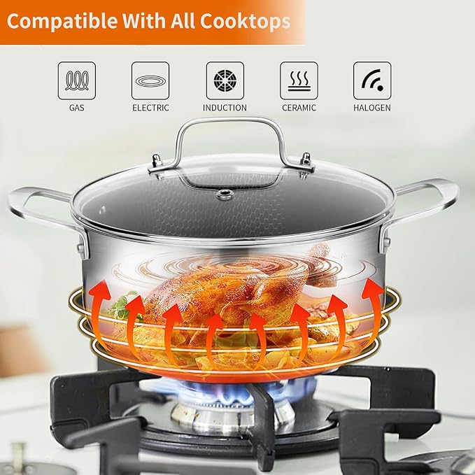 DELARLO Tri-Ply Non Stick 5 Quart Stainless Steel Stock Pot Heavy Duty | Induction Ready, Cooking Pots with Lids, Stockpot 600℉ Oven Safe, Food Grade Cookware, Soup Pot