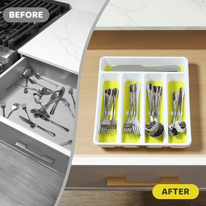5-Compartment Silverware Organizer Tray with Icons for Kitchen Drawer | Non-slip TPR Linings，5-Compartment，High-quality Plastic，Fits Well In Standard Drawers，With Cutlery Icons
