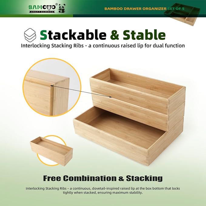 BAMOTTO CRAFTBAMBOO Stackable Bamboo Drawer Organizer Set of 5 for Kitchen | Utensil Cutlery Tray | Flatware & Silverware Organizer | Office & Bathroom | 13.4"×4.5"(×2) / 10.2"×3.3"(×2) / 10.2"×6.7"