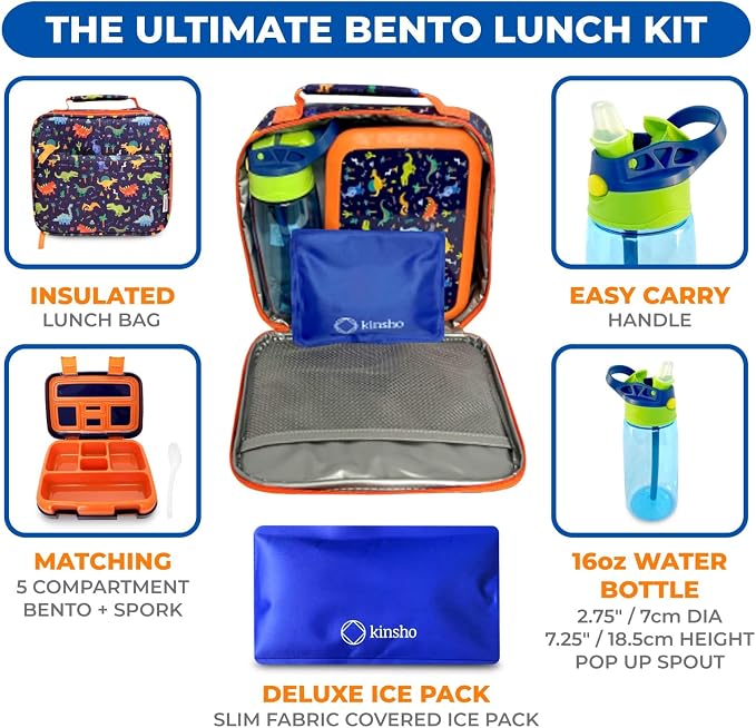 kinsho Kids Bento Lunch Box, Water Bottle, Ice Pack & Bag, Blue Dinosaur | 5 Leakproof Portion Compartments, BPA-Free Removable Tray, Insulated Meal, Snack Container for Toddlers, Pre-School & Daycare