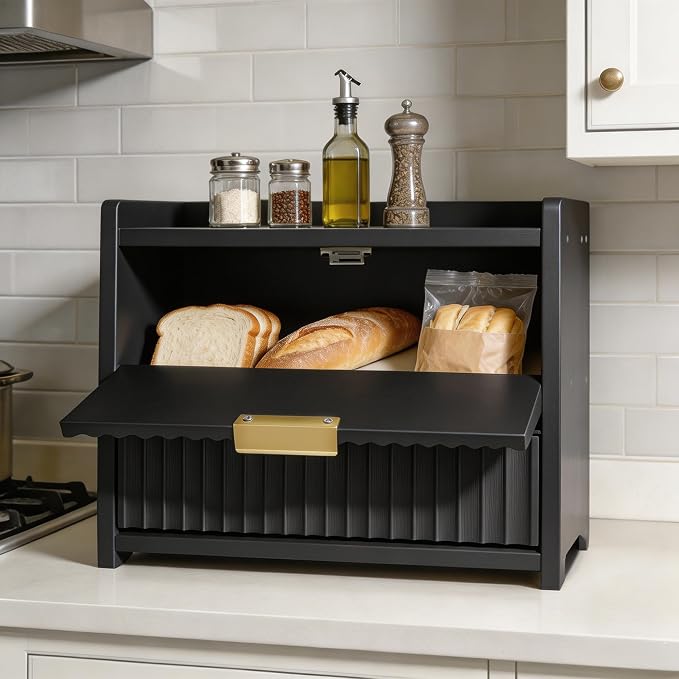Large Bread Box for Kitchen Counter, Double Layer Wooden Bread Storage Container with Top Shelf, Countertop Organizer Cabinet for Bread, Bagels, Pastries, Coffee Station and Kitchen Essentials (Black)