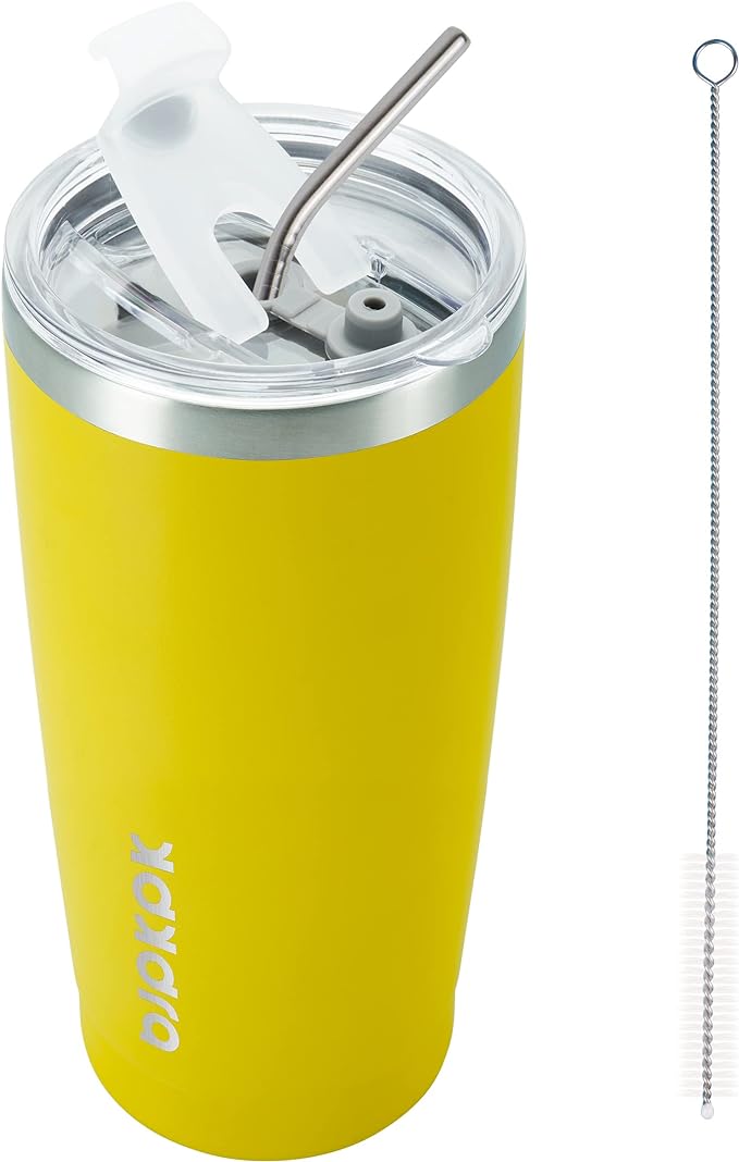 BJPKPK 20oz Coffee Tumbler with Lid & Straw, Insulated Stainless Steel Mug | Double Wall Vacuum, Keeps Hot/Cold, BPA Free, Leak Proof, Iced Coffee Cup Fit Car Holder, Travel & Beach, Goldenrod