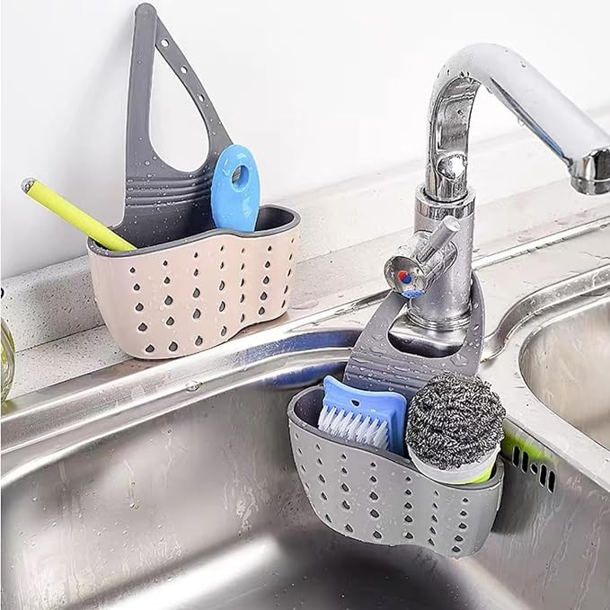 Kitchen sink storage shelf, hanging sink organizer, adjustable, removable, with drainage holes for easy drying (2 Pack)