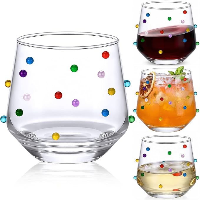 4 Pack 3D Colorful Dots Stemless Wine Glasses Confetti Double Old Fashioned Drinking Glasses 12.5 oz Vibrant Stemless Wine Cups for Whiskey Cocktail Water Juice Summer Party Supplies Gift