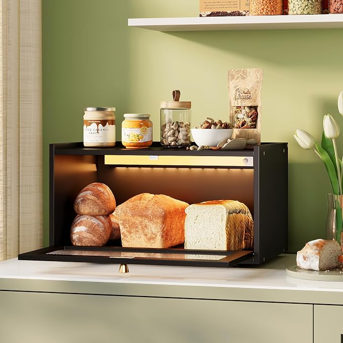 Trironsun Bamboo Bread Box with Led Light for Kitchen Counter Large Capacity Bread Storage Container Kitchen Countertop Organizer with Window Bread Holder (Black)