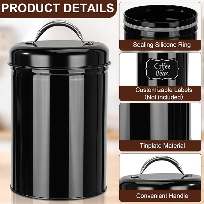 LemonRoad 10 Pack Metal Food Canisters 48 oz Airtight Handle Lid Black | Farmhouse Kitchen Jars for Coffee Tea Sugar Flour Cookies, Pantry Countertop Storage Containers, Airtight Seal