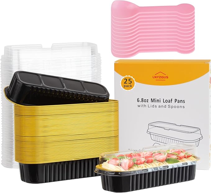 LNYZQUS Mini Loaf Pans with Lids, 6.8oz Cake Tins for Small Bake | 25 Pack, Rectangle, Black, Disposable Aluminum Foil Baking Cups, Individual Dessert Containers for Party Treats