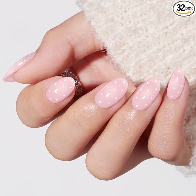 modelones Pink Short Polka Dot Press on Nails, Oval Fake Nails Kit | Semi-Transparent Press Ons with Nail Glue, Adhesive Tabs, Nail File, Prep Pad, Manicure Stick, 32Pcs 16 Sizes, Women Gift