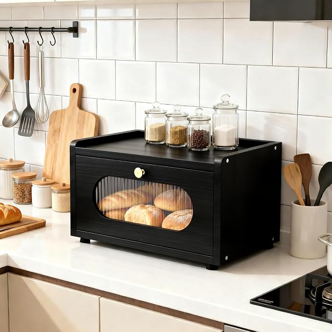 Garvee Bread Box for Kitchen Countertop, Wooden Breadbox Holder Container, Small Vintage Counter Top Breadbox, Farmhouse Stackable Organizer Bin for Homemade Food Shelf Acrylic Window Black