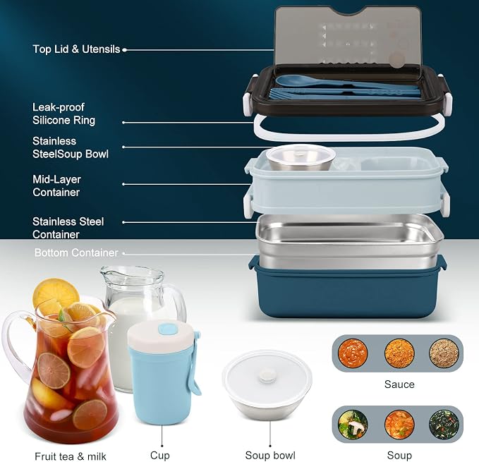 2-Tier Bento Lunch Box for Men & Adults with Insulated Lunch Bag | 50 OZ Large Capacity Bento Box with BPA-Free Utensils & Cup & Sauce Container, Leakproof, Microwave Safe for Work & Meal Prep