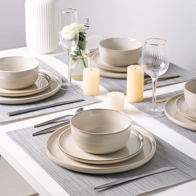 AmorArc Stoneware Dinnerware Sets for 4, 12Pcs Plates and Bowls Sets Dishes | Ceramic Round Reactive Glaze Dishes Set, Highly Scratch Resistant | Dishwasher & Microwave Safe Dishware