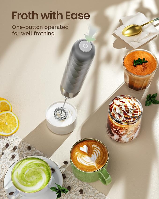 Maestri House Rechargeable Milk Frother, LunaFro Mini with Detachable Wand | 8000RPM Turbo Motor, 1200mAh lithium battery, Compact Design Milk frother Handheld for Lattes, Cappuccino, Matcha, No Stand