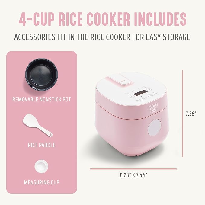 GreenLife Digital Rice Cooker, 2-Cups Uncooked/4-Cups Cooked, Pink | PFAS-Free Ceramic Nonstick Coated 1.5QT Pot, One-Touch Presets, Oats, Quinoa, Brown Rice, Auto Warming, Fuzzy Logic Tech