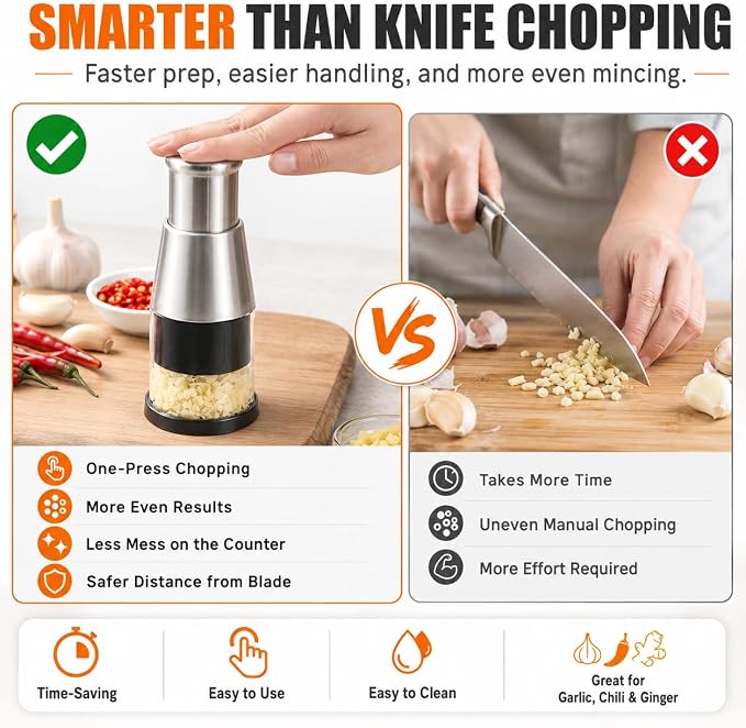 Manual Food Chopper, Stainless Steel Hand Press Vegetable and Garlic Mincer