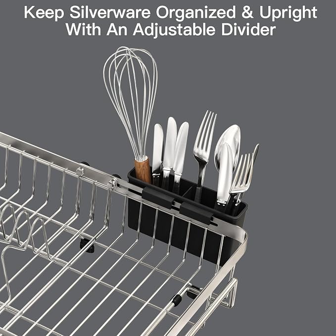 Dish Drying Rack Over The Sink with Utensil Holder, Mat | Expandable Stainless Steel Dish Drainer for Small Kitchen, Apartment, RV, Counter Space Saving, Perfect Fit, Rustproof