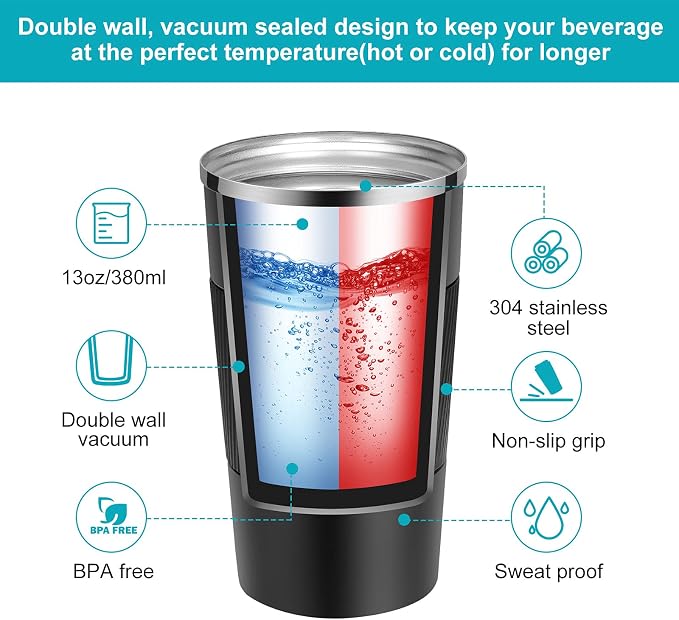 YINJAM 12oz Travel Coffee Mug Insulated Coffee Cups to Go with Leakproof Lid Vacuum Stainless Steel Double Walled Thermal Car Coffee Tumbler for Hot Cold Iced Tea Drinks Reusable (Black, 12oz) | 380ml Reusable Leakproof Camping Tumbler with Lid for Hot...