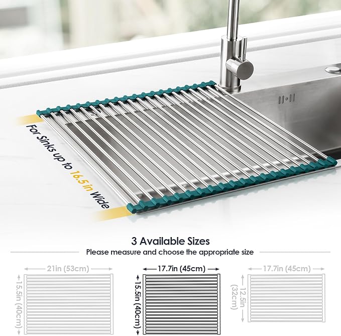 Tomorotec Roll Up Dish Drying Rack Over Sink,304 Steel,17.7x15.5,DarkGreen | Anti-Slip Silicone Rims For Grip, Heat-Resistant Trivet Mat Holding Heavy Cookware, Rustproof Kitchen Counter Space Saver