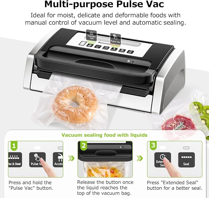 Bonsenkitchen Vacuum Sealer with Easy Handle Design,1 Bag Roll & 10 Bags | Powerful Suction Food Vacuum Sealer, Low-Noise, Fast Continuous Sealing for Bulk Buy, Built-in Cutter & Bag Storage, Black