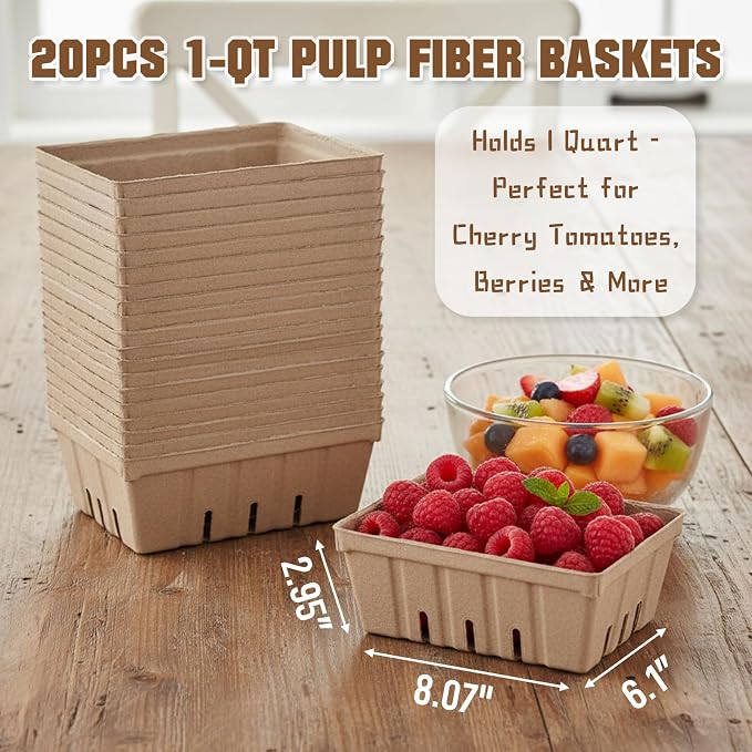 Natural Pulp Fiber Berry Baskets, 20 Pack 1-Quart (2 Pint) Large Vented Produce Containers for Fruits, Veggies & Berries, Farm Stand, Farmer Market, Garden Harvest & Party Favors