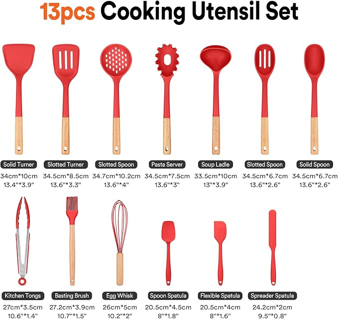 13PCS Silicone Kitchen Utensils Set for Nonstick Cookware, Red | Food Grade, Heat Resistant Kitchen Utensil Spatula Set, Wooden Handles Kitchen Gadgets Tools Set