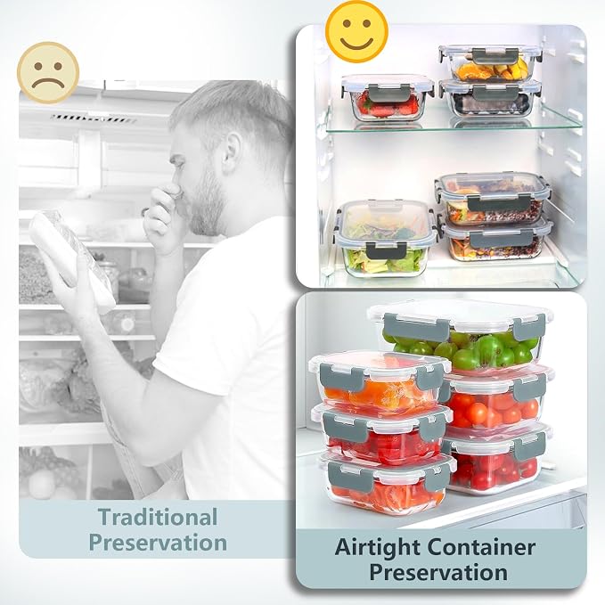 12 Pack Glass Food Storage Container Set with Lids Non Toxic, Stackable Borosilicate Glass Meal Prep Containers, Microwave, Oven, Freezer and Dishwasher Safe (Gray)