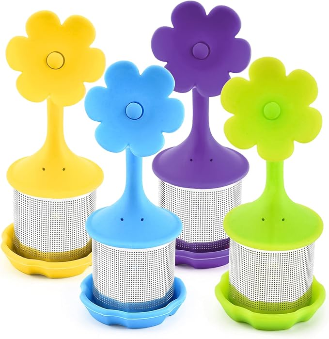 Flower D 4-Pack Silicone Tea Strainers - Extra Fine Mesh Infusers with Silicone Lid for Loose Leaf/Herbal Tea