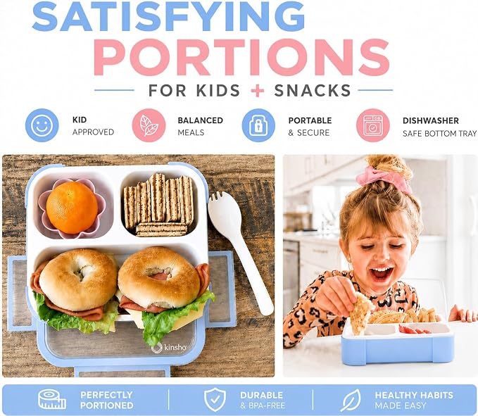 kinsho Medium Bento Boxes for Kids, Lunch Box for Boys Girls Toddler Adults, Leak-Proof 3 Compartment Containers for Meal or Snack at School Daycare Work Travel, BPA Free 2 Pack (Pastel Blue + Pink)