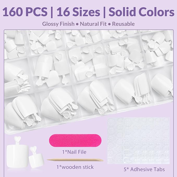AddFavor 160pcs White Press on Toenails for Women, Full Cover Fake Toe Nail Tips with Adhesive Tabs, Artificial Pedicure Toe Nail Press ons, White False Toenail Press ons