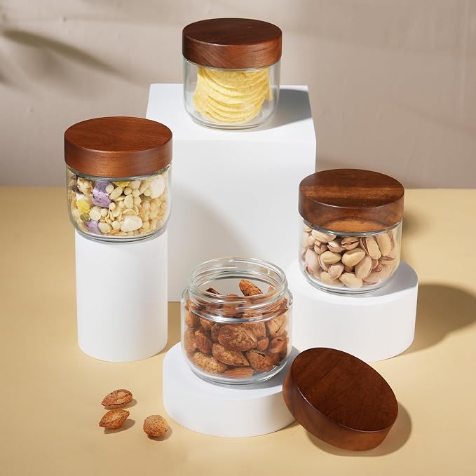 Bumobum 8 oz Glass Jars with Wood Lids, Loose Leaf Tea Storage, 4 Pack | Acacia Wood Lids, Airtight Seal, Easy to Fill, Small Food Containers for Coffee, Snacks, Yogurt, Spices, Pantry Storage