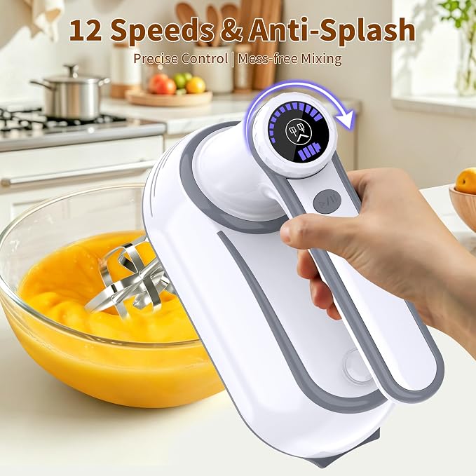 binROC Cordless Electric Hand Mixer, 12-Speed with Storage Case, White | Rechargeable, Eject Button, LED, Self-Stand, 6×304 Stainless Attachment, Overheat Protection, Quiet for Baking Dough Cake Egg