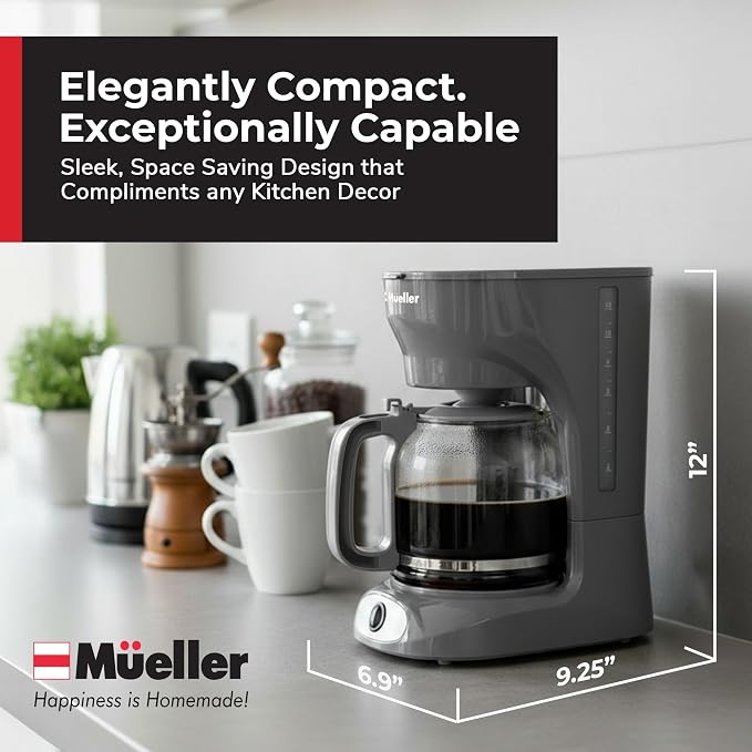 MUELLER HOME 12-Cup Drip Coffee Maker, Gray | Borosilicate Carafe, Auto-Off, Reusable Filter, Anti-Drip, Keep-Warm Function