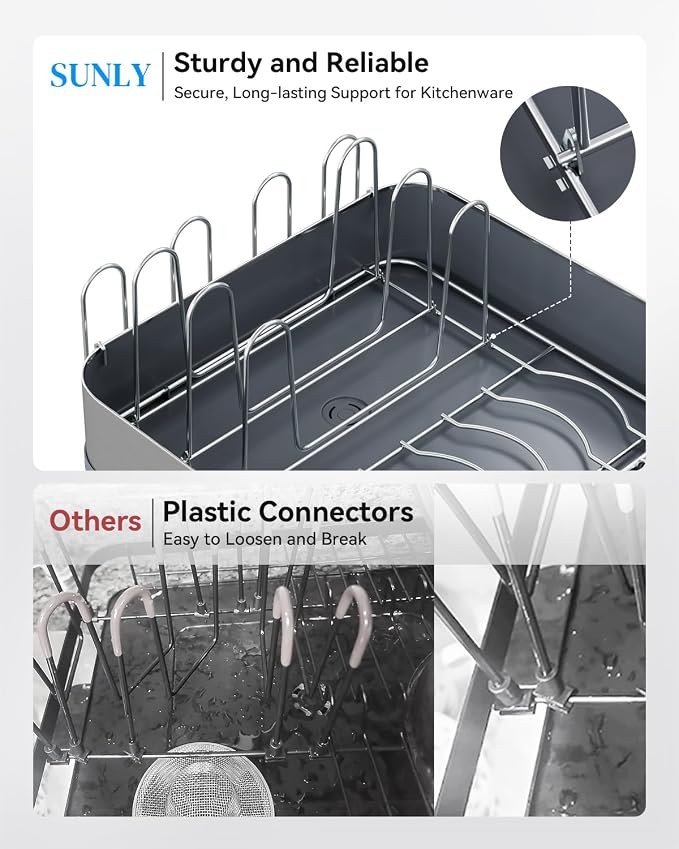 Expandable Dish Drying Rack, Versatile Brackets for Pots & Pans, Space Saving Kitchen Drying Rack, Dish Racks for Kitchen Counter, Stainless Steel Dish Drainers with Extendable Spout, Gray